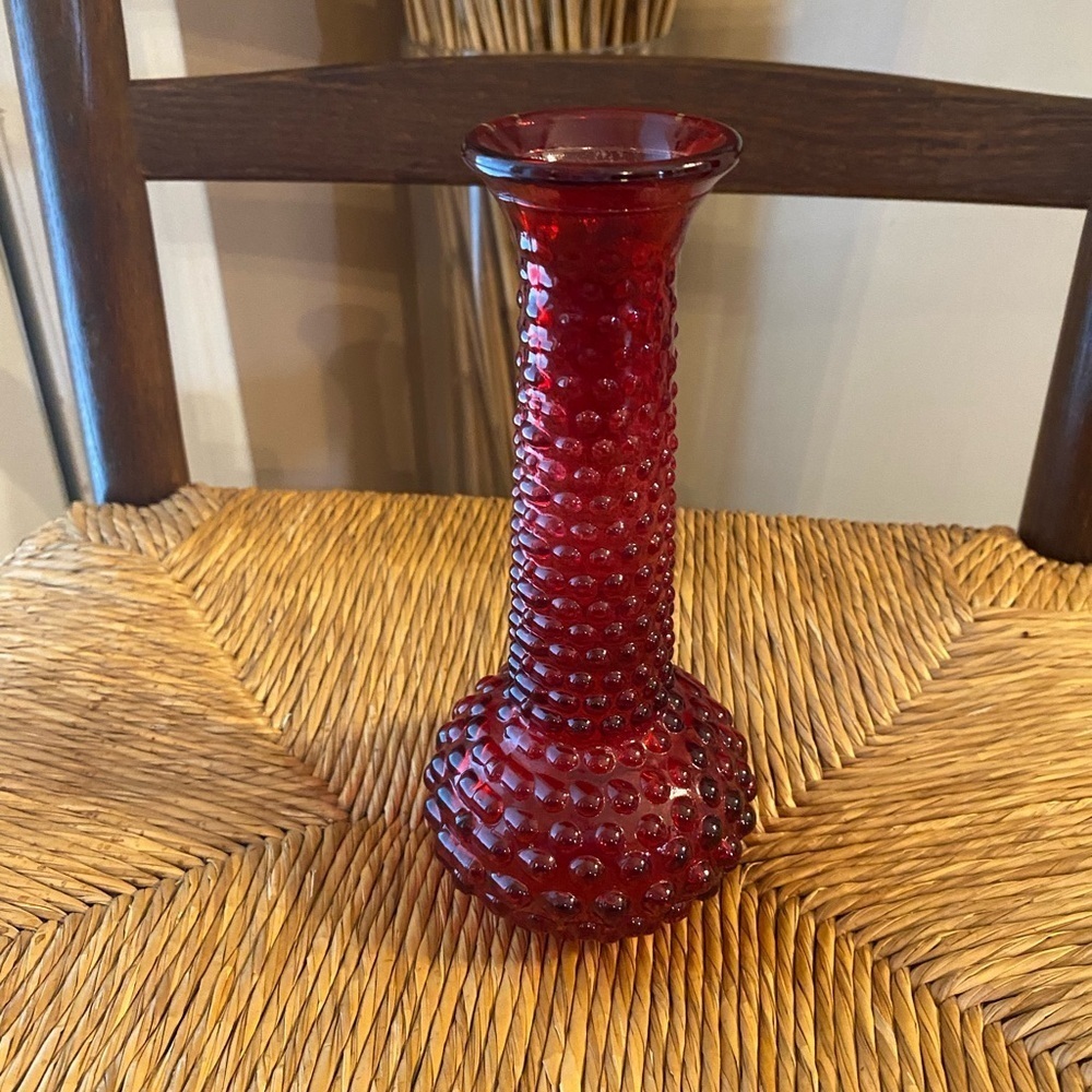 Vintage E.O. Brody Hobnail round bottom 8" Bud Vase long neck ruby red made USA